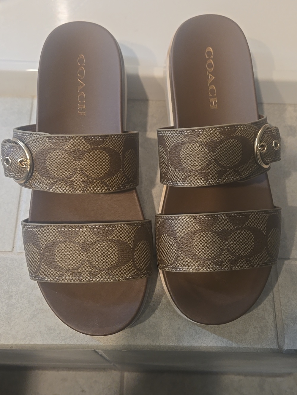 Coach Women's Brown Signature Double-Strap Slide Sandals - Picture 2 of 6